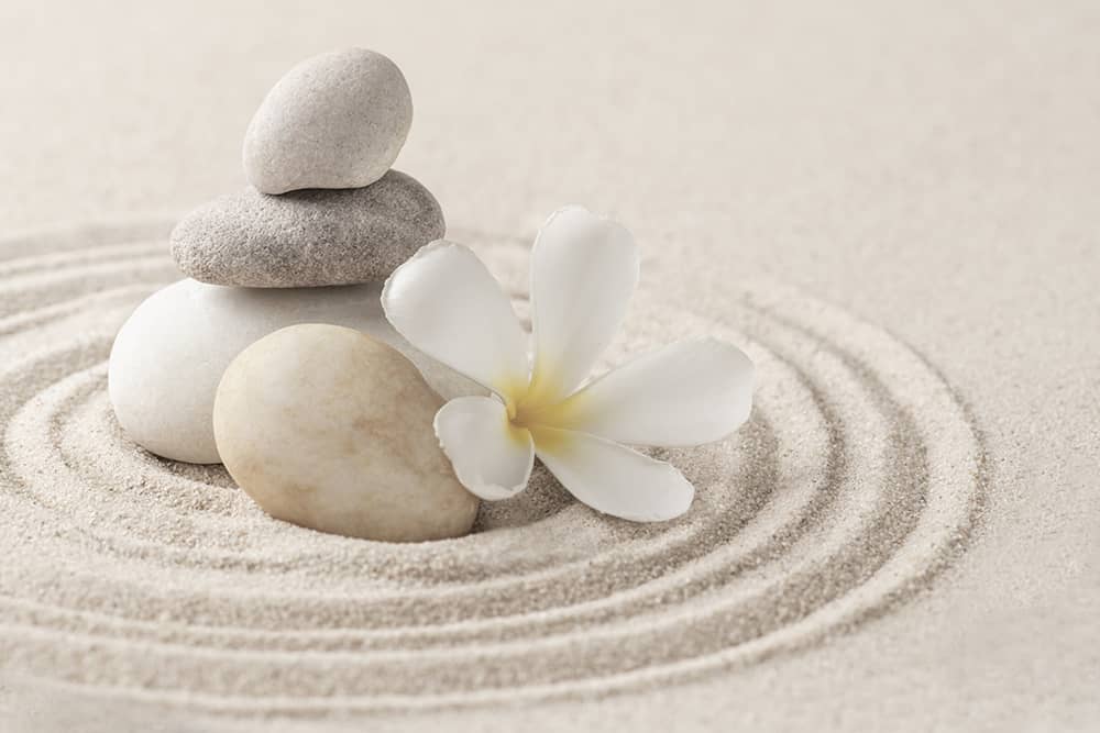 Four stones and a flower in the middle of sand circles
