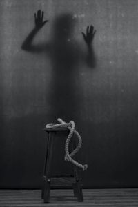 A shadow of a person and a rope in front in a black and white setting