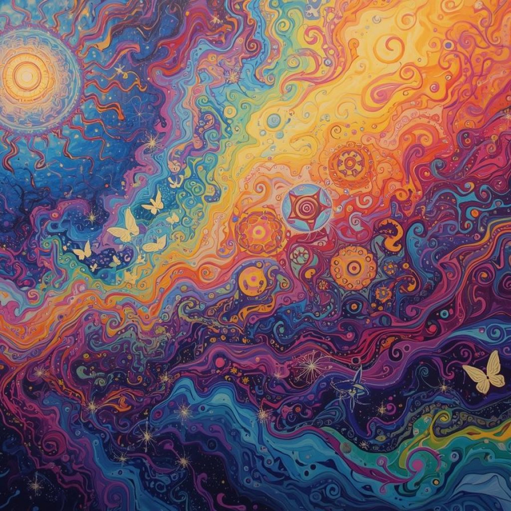 psychedelic patterns involving exploration, healing, colors